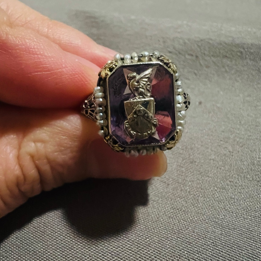 Edwardian 14K Gold Amethyst & Seed Pearl Ring – Antique - Picture 3 of 9